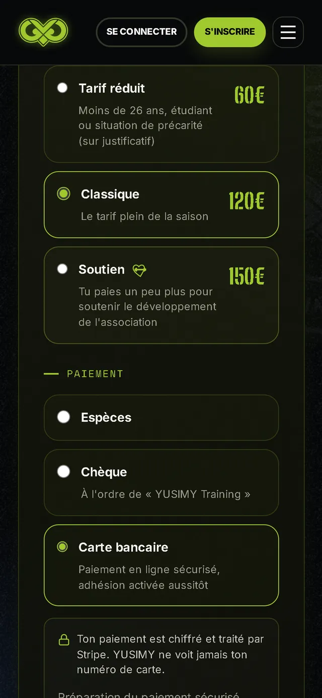 Formulaire d'inscription Yusimy au téléphone : choix du tarif et paiement par carte