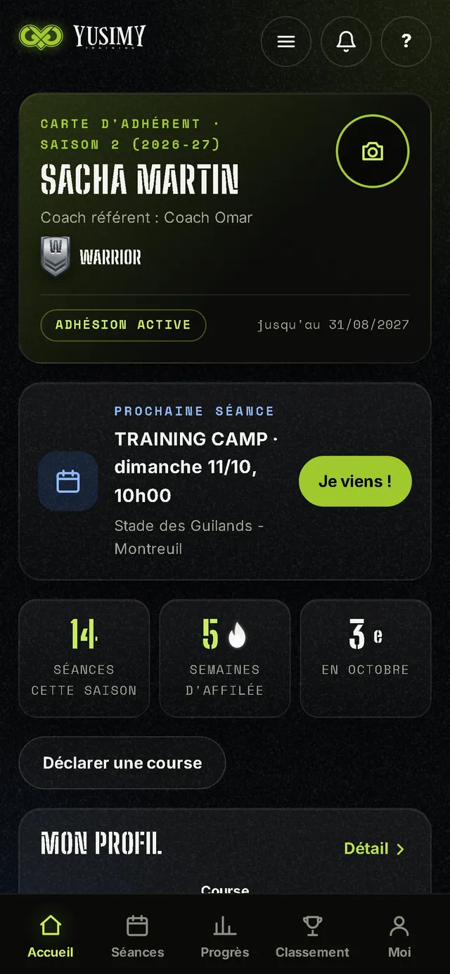 Accueil de l'espace adhérent Yusimy : carte d'adhérent, niveau, prochaine séance