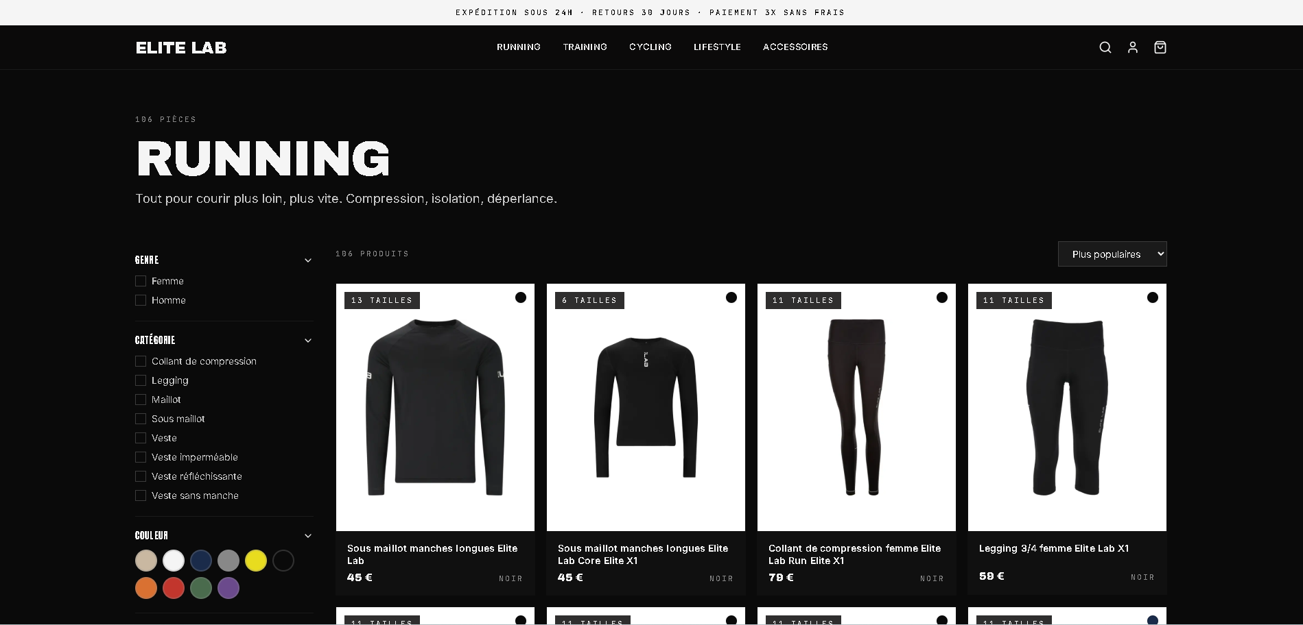 Elite Lab, page boutique Running avec filtres et grille produits